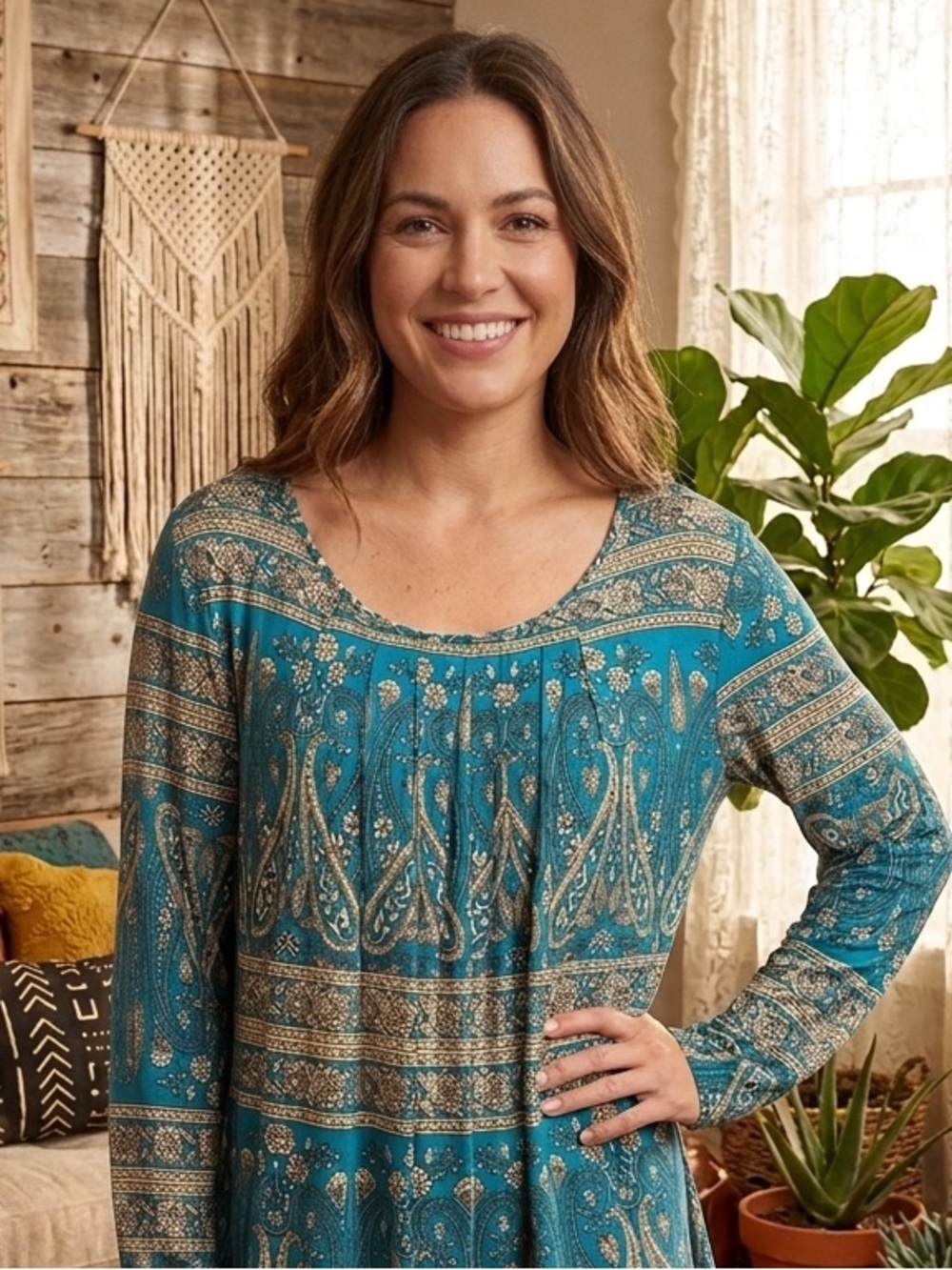 Anymeet Teal Paisley Long-Sleeve Women's Tunic Top 2XL